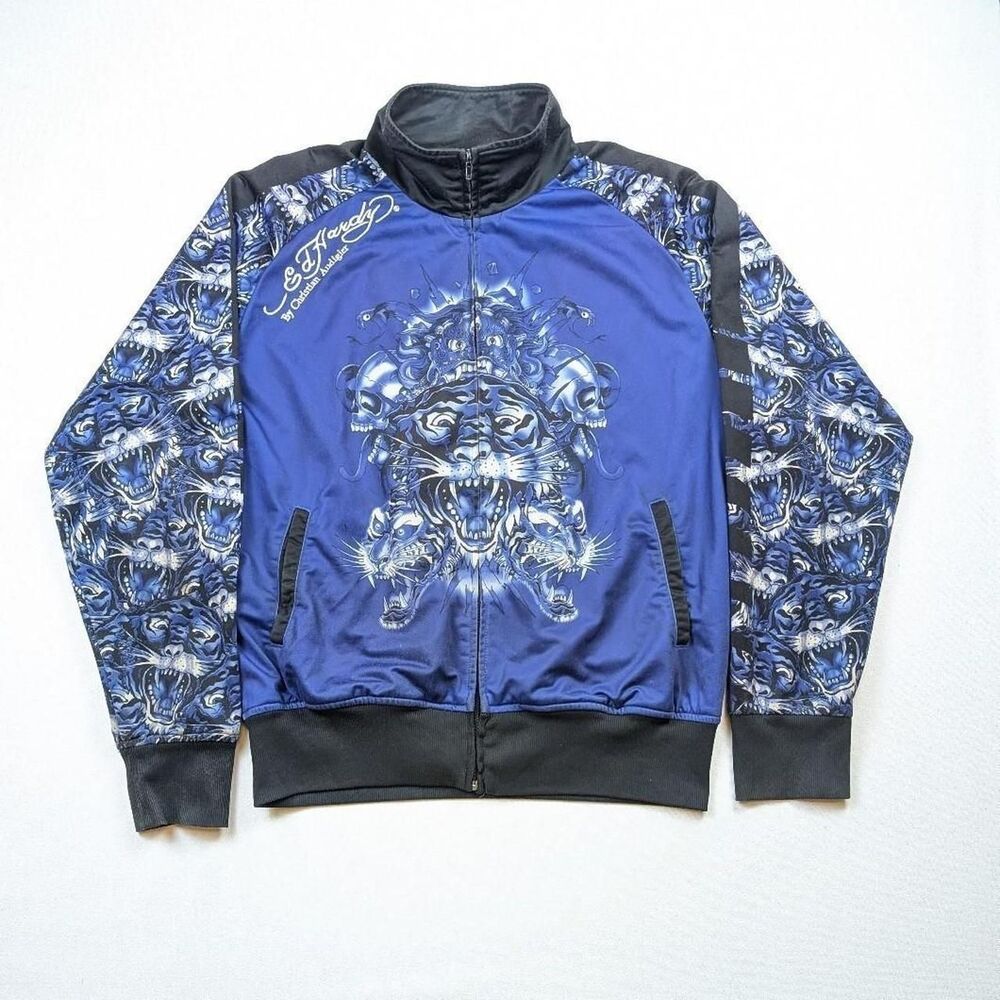 Y2K Ed Hardy Christian Audigier AOP Zipup Jacket Blue Camo AOP Size XL Rare